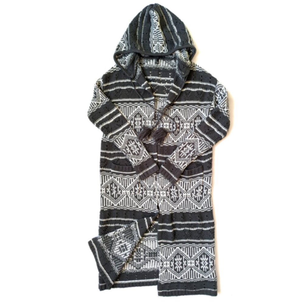FOREVER 21 Long Knit Sweater Cardigan Jacket with Hood Green/White Size 8 - Picture 6 of 8